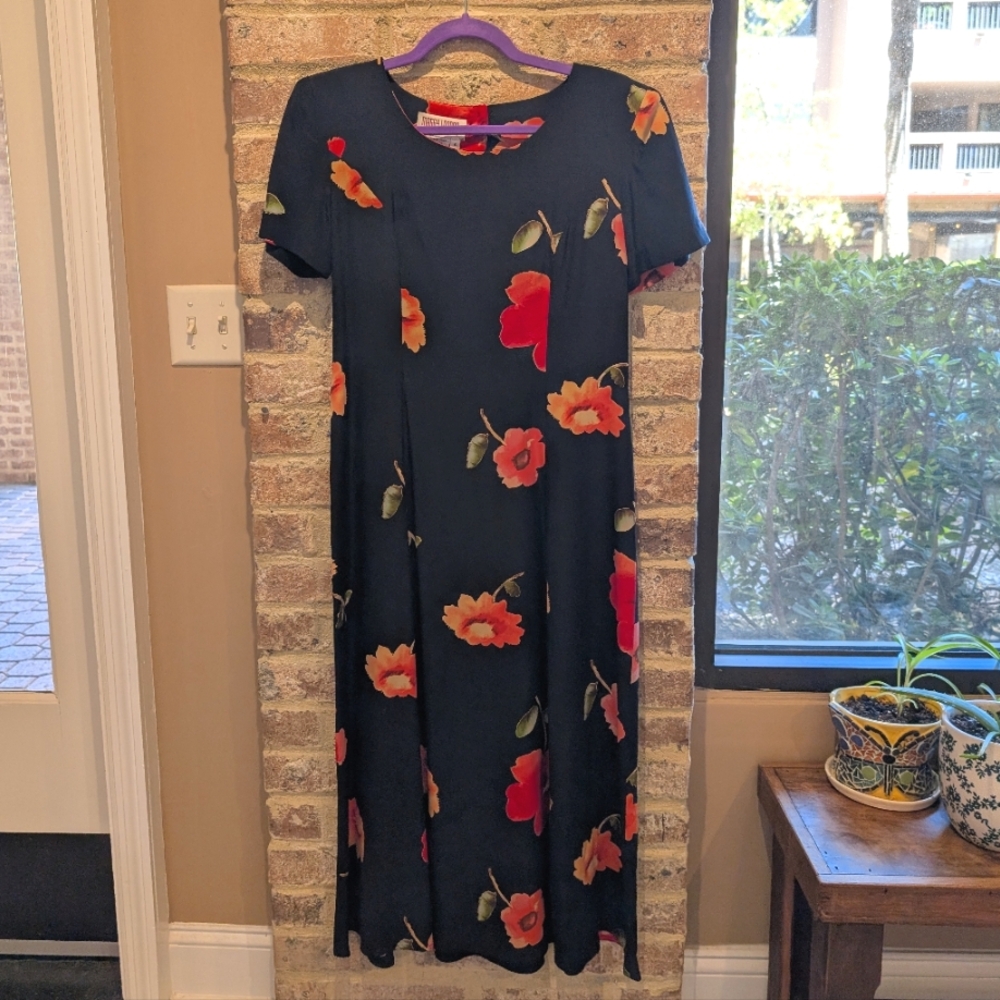 Floral Black & Red Silk Dress